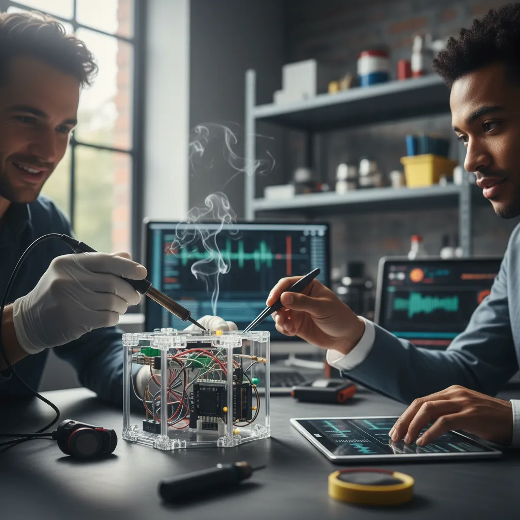 Engineers collaborating on a new product, symbolizing R&D innovation.