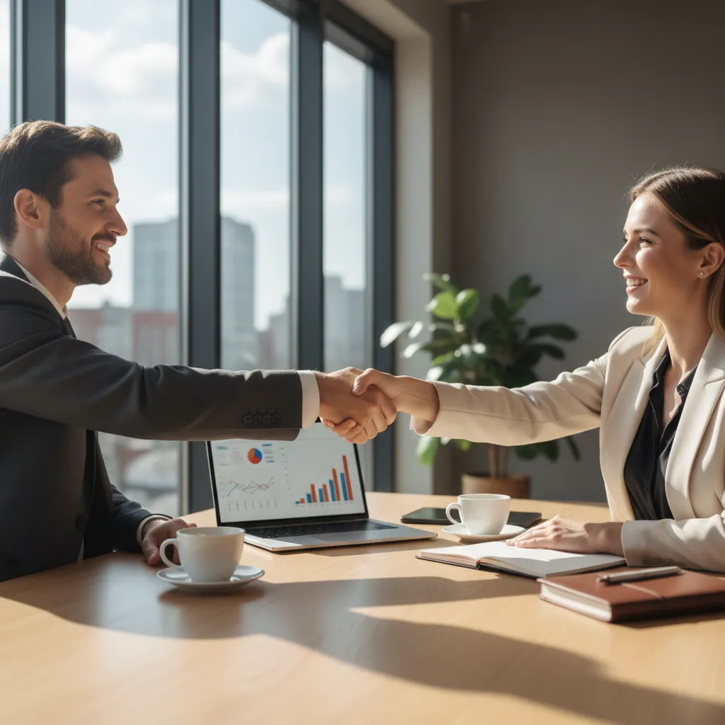 Two business partners shaking hands in a modern, well-lit office, with a laptop showing financial charts in the foreground. Focus on natural interaction and professional setting.