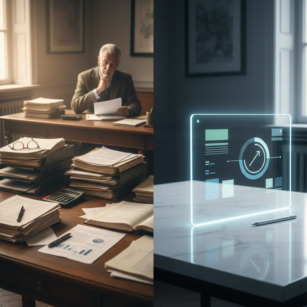 Visual comparison of a traditional financial advisor's desk with a modern robo-advisor digital interface, highlighting efficiency.