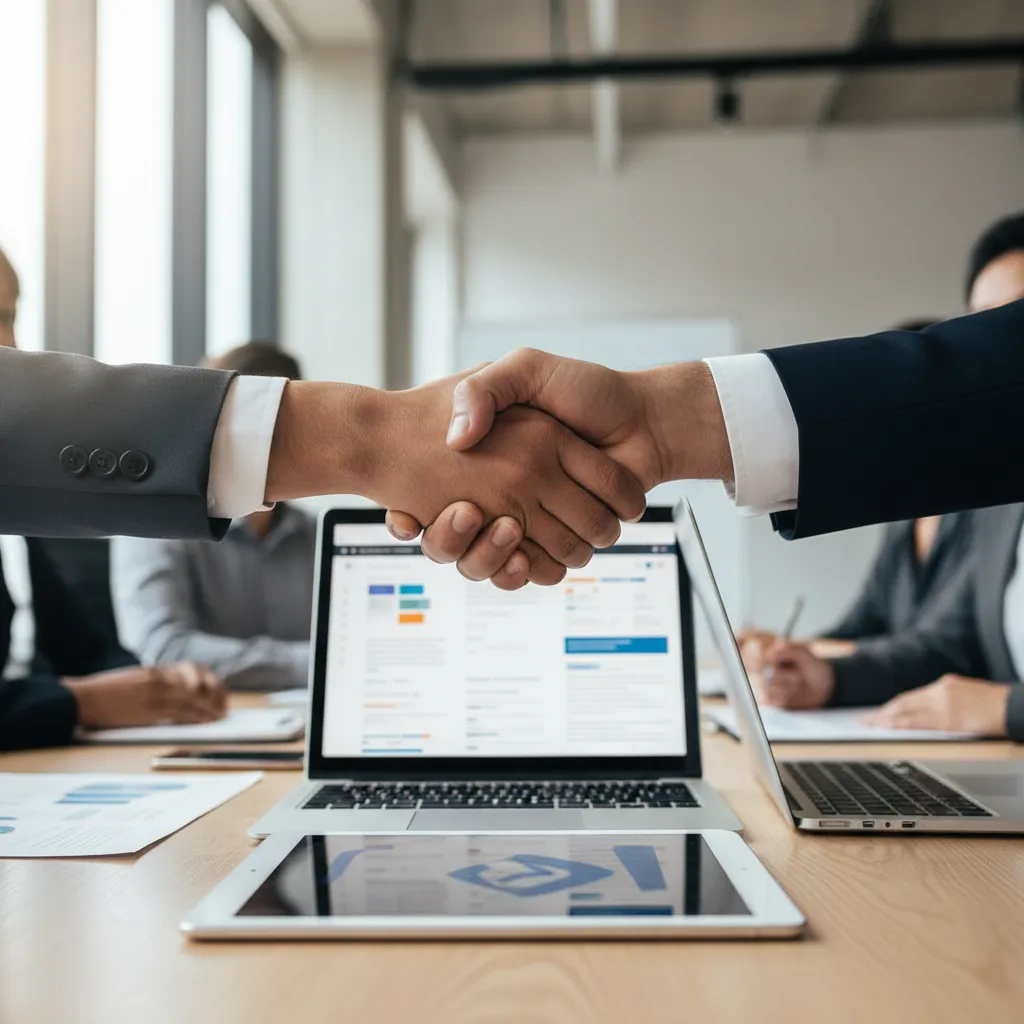 Hands shaking over a strategic SaaS contract, symbolizing successful vendor negotiation.