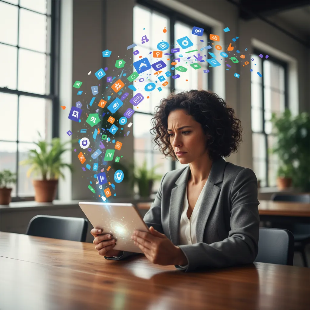 A business professional assessing a complex web of SaaS applications and data on a tablet, symbolizing the challenge of SaaS spend management.
