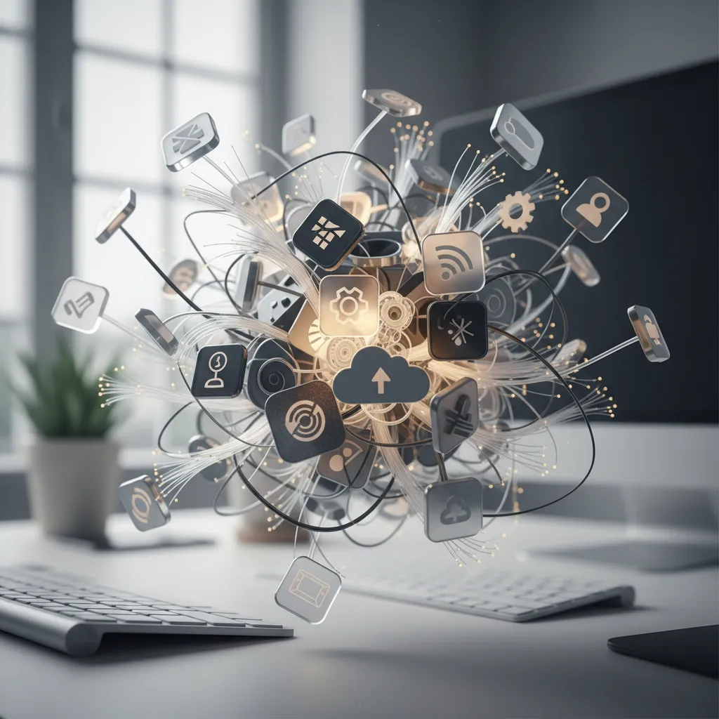 Abstract visual depicting a tangled web of various unmanaged SaaS application icons, symbolizing complexity and inefficiency