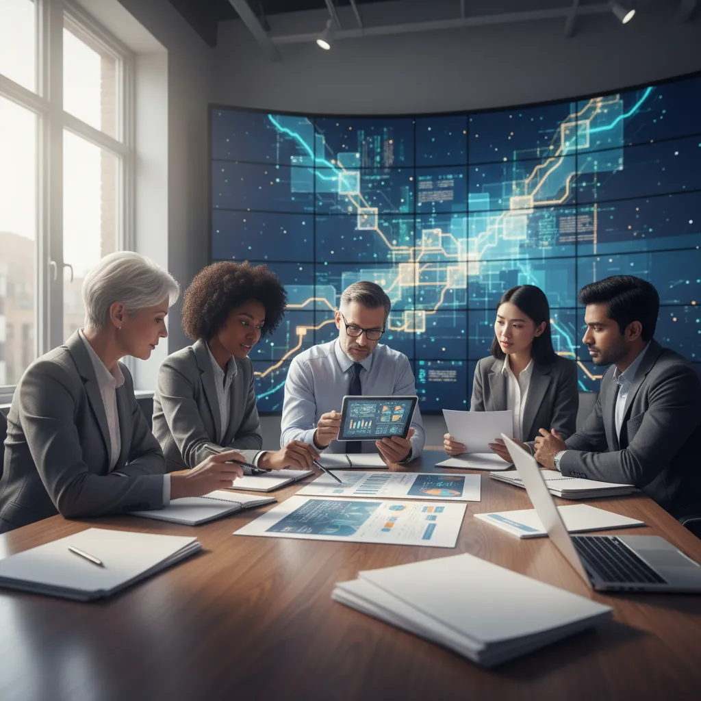 Business leaders strategizing over financial data and debt management plans