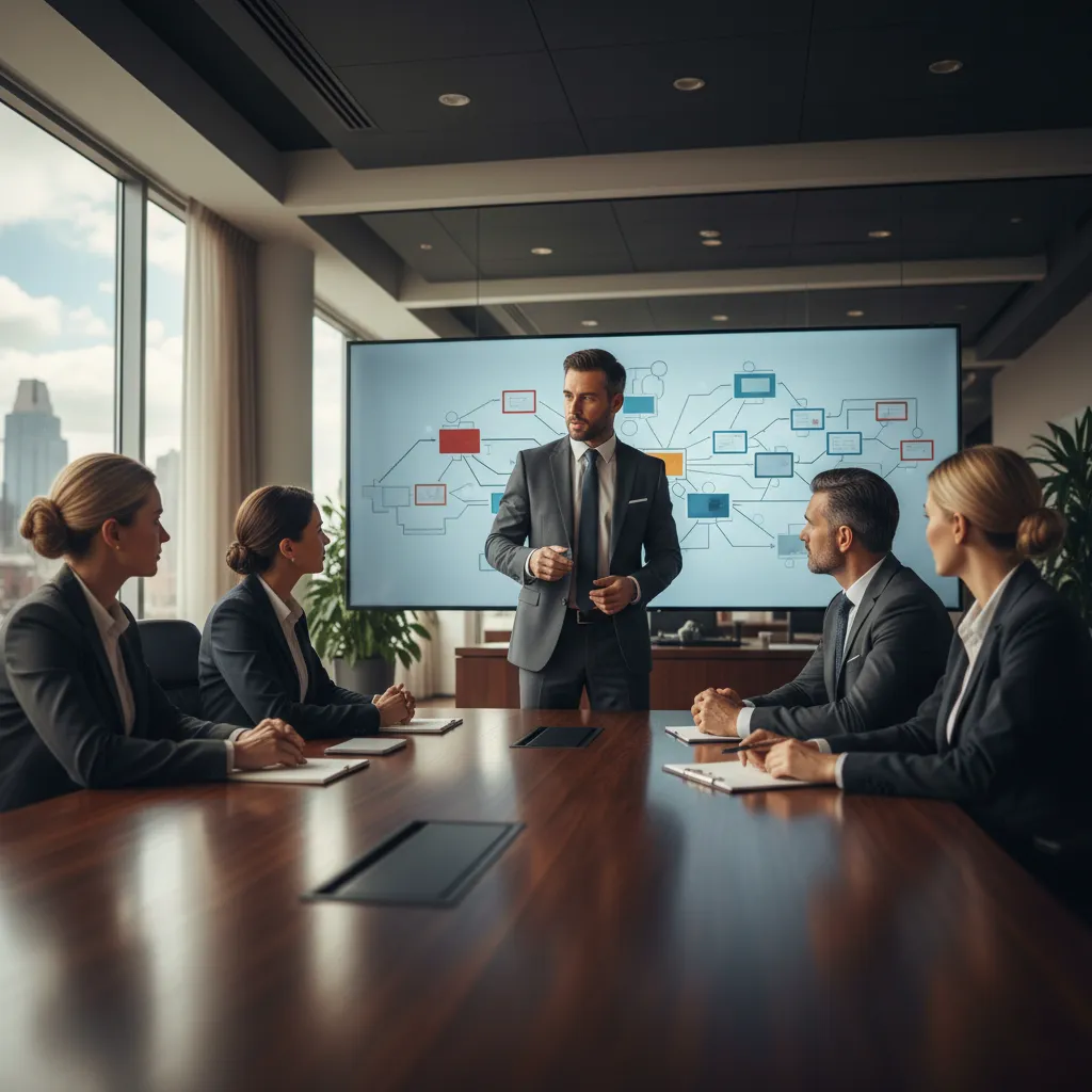 Executive presenting a strategic due diligence framework and risk assessment to a team.