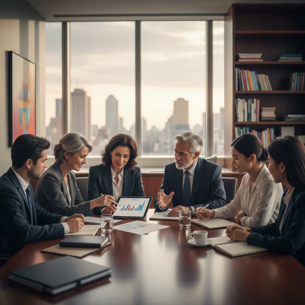 Multi-generational family and advisors discussing strategic philanthropy and wealth transfer plans