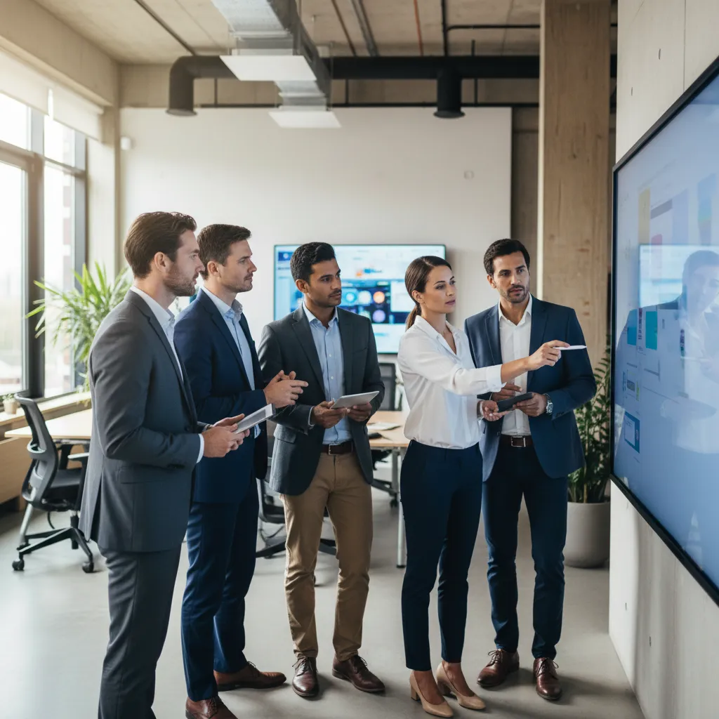 Business professionals analyzing a strategic SaaS vendor management dashboard.