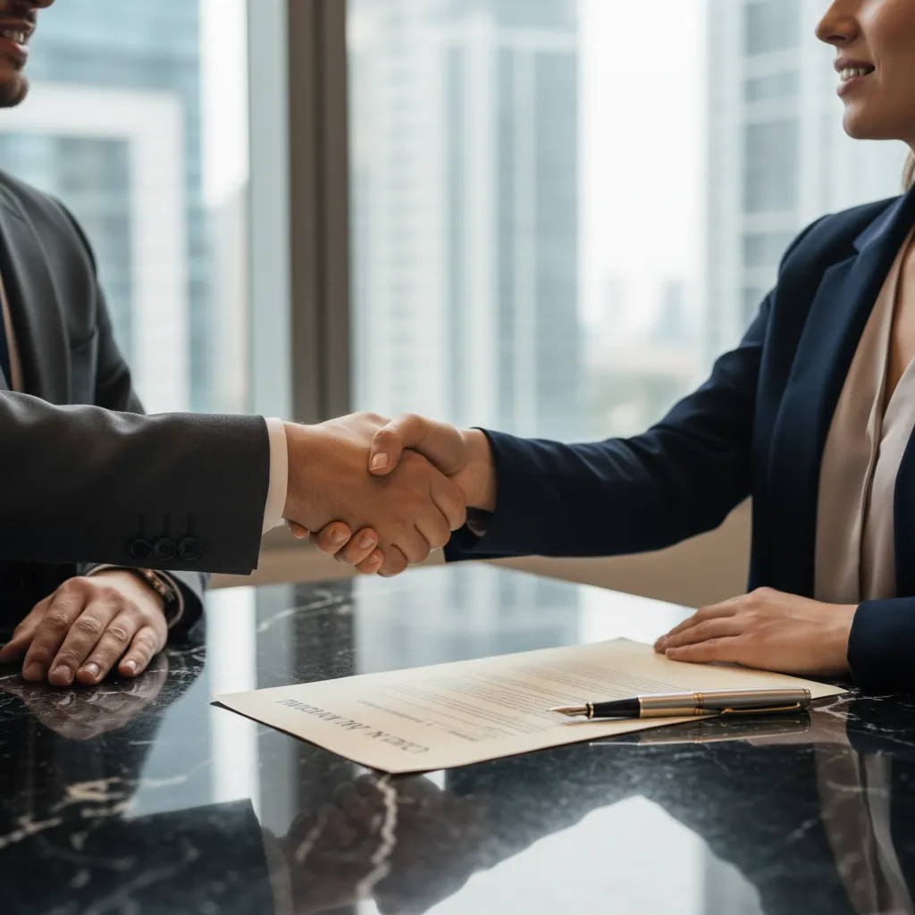 Two business people shaking hands over a contract, representing successful SaaS agreement negotiation