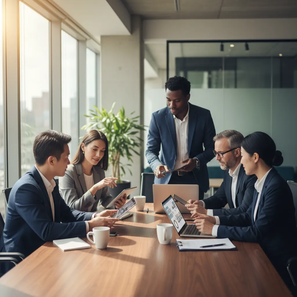 A close-up of a diverse business team collaborating around a table, analyzing financial data on tablets and laptops, showcasing strategic decision-making.