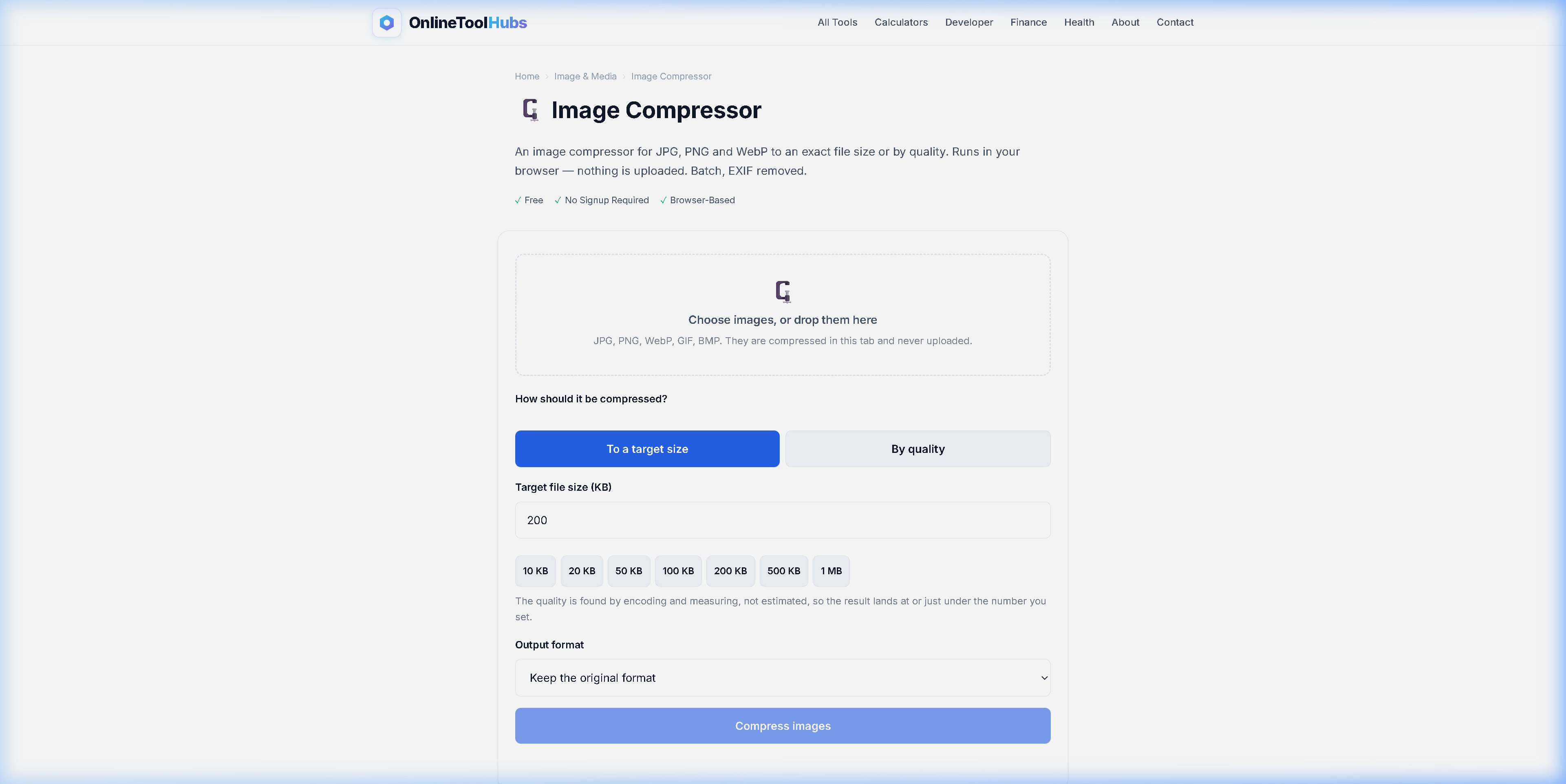 Screenshot of the Image Compressor tool on OnlineToolHubs showing before and after file sizes with quality comparison