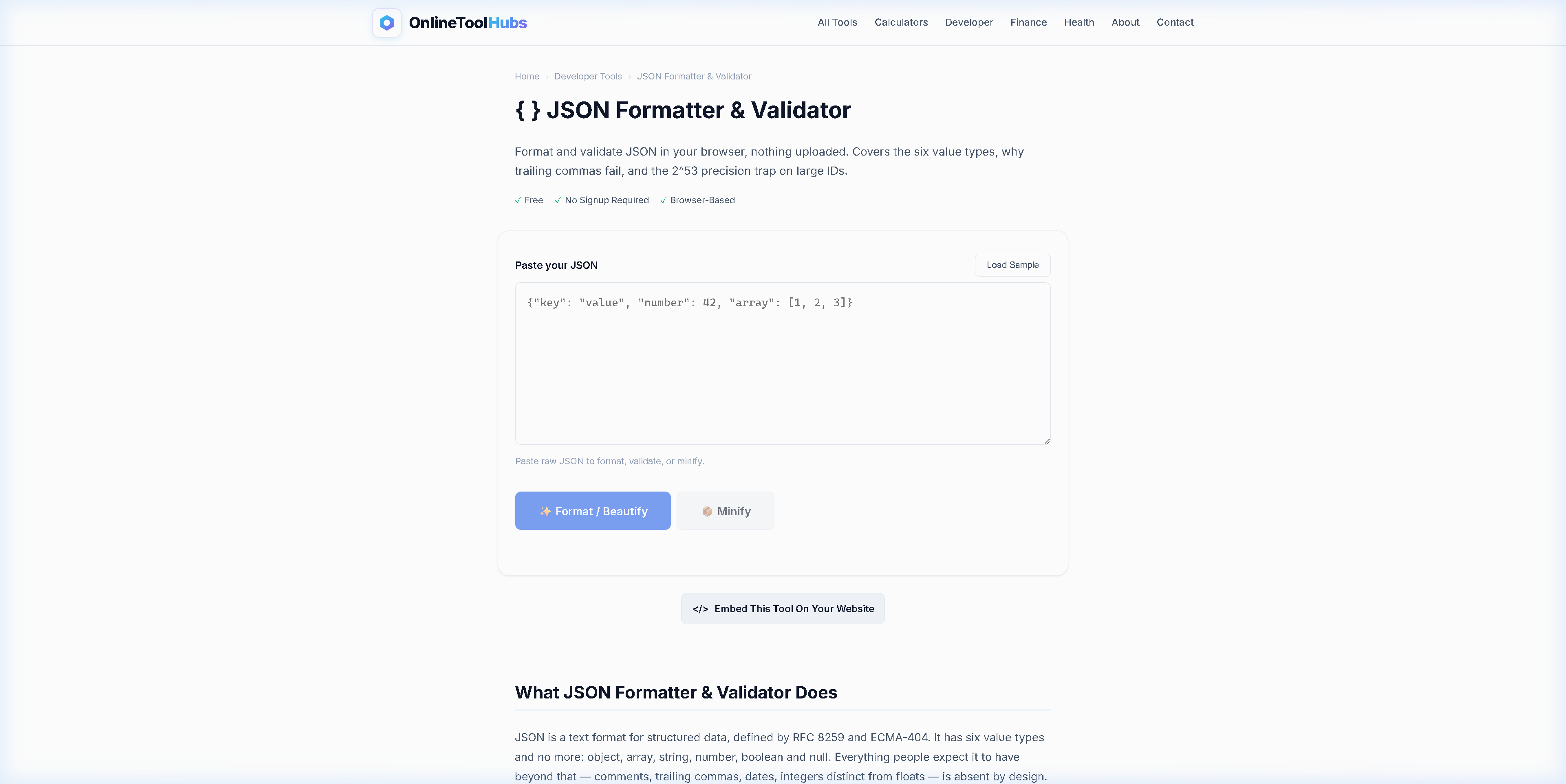Screenshot of the JSON Formatter and Validator tool on OnlineToolHubs showing syntax-highlighted formatted JSON output