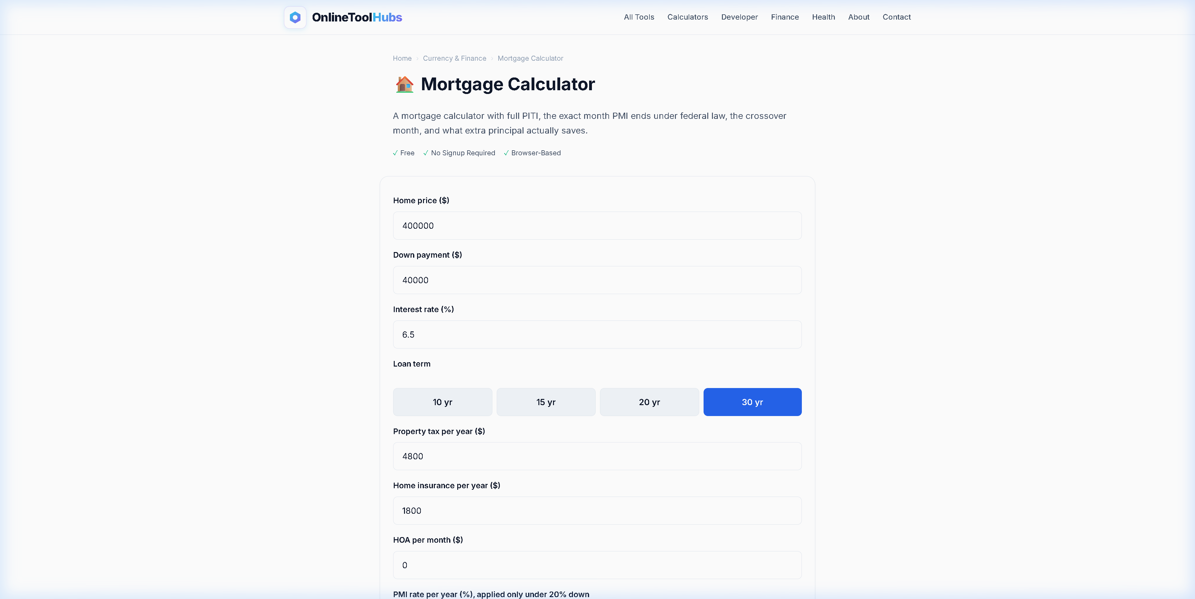 Screenshot of the Mortgage Calculator tool on OnlineToolHubs showing monthly payment breakdown and total interest calculations
