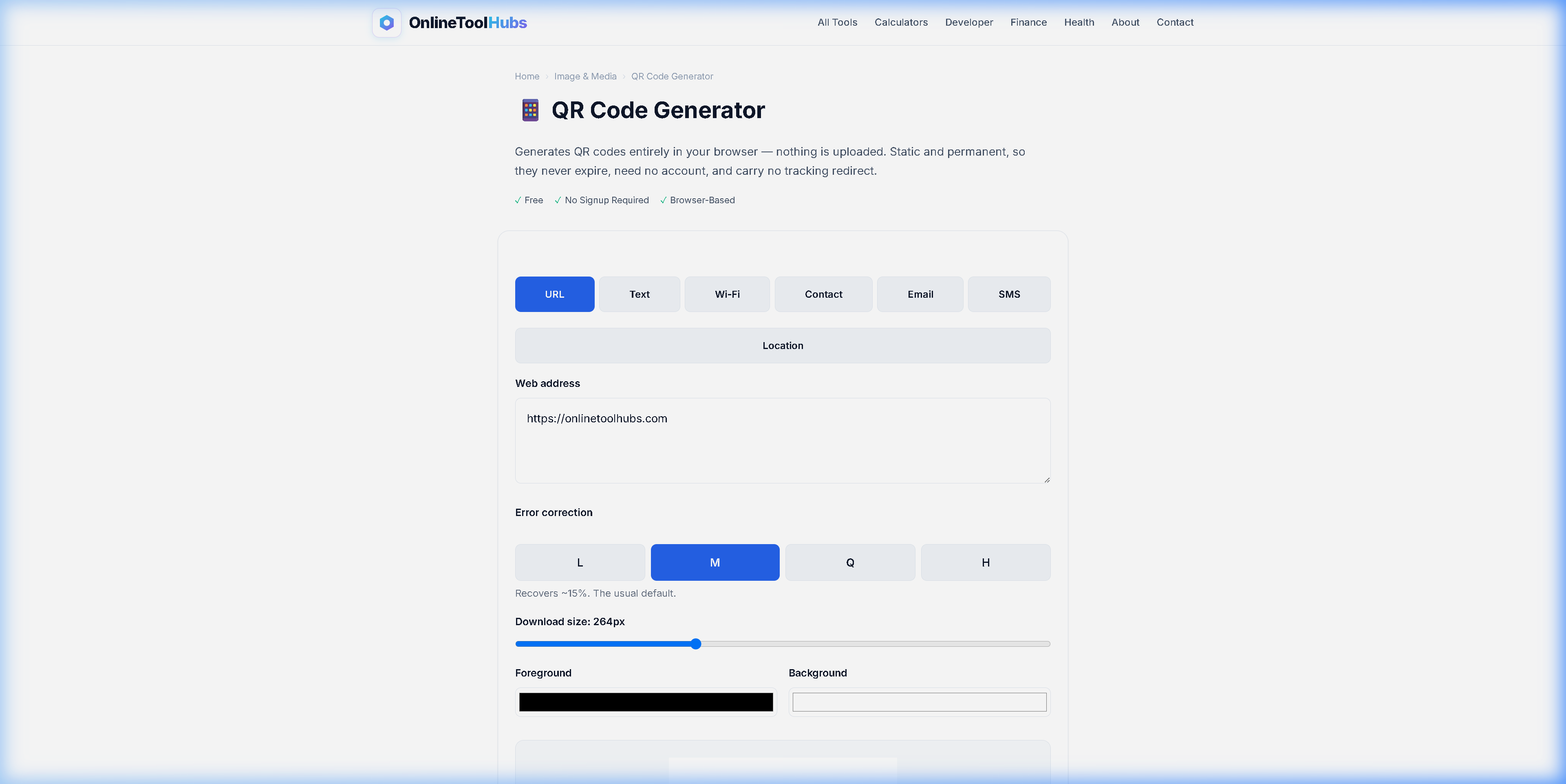 Screenshot of the QR Code Generator tool on OnlineToolHubs showing a generated QR code with customization options