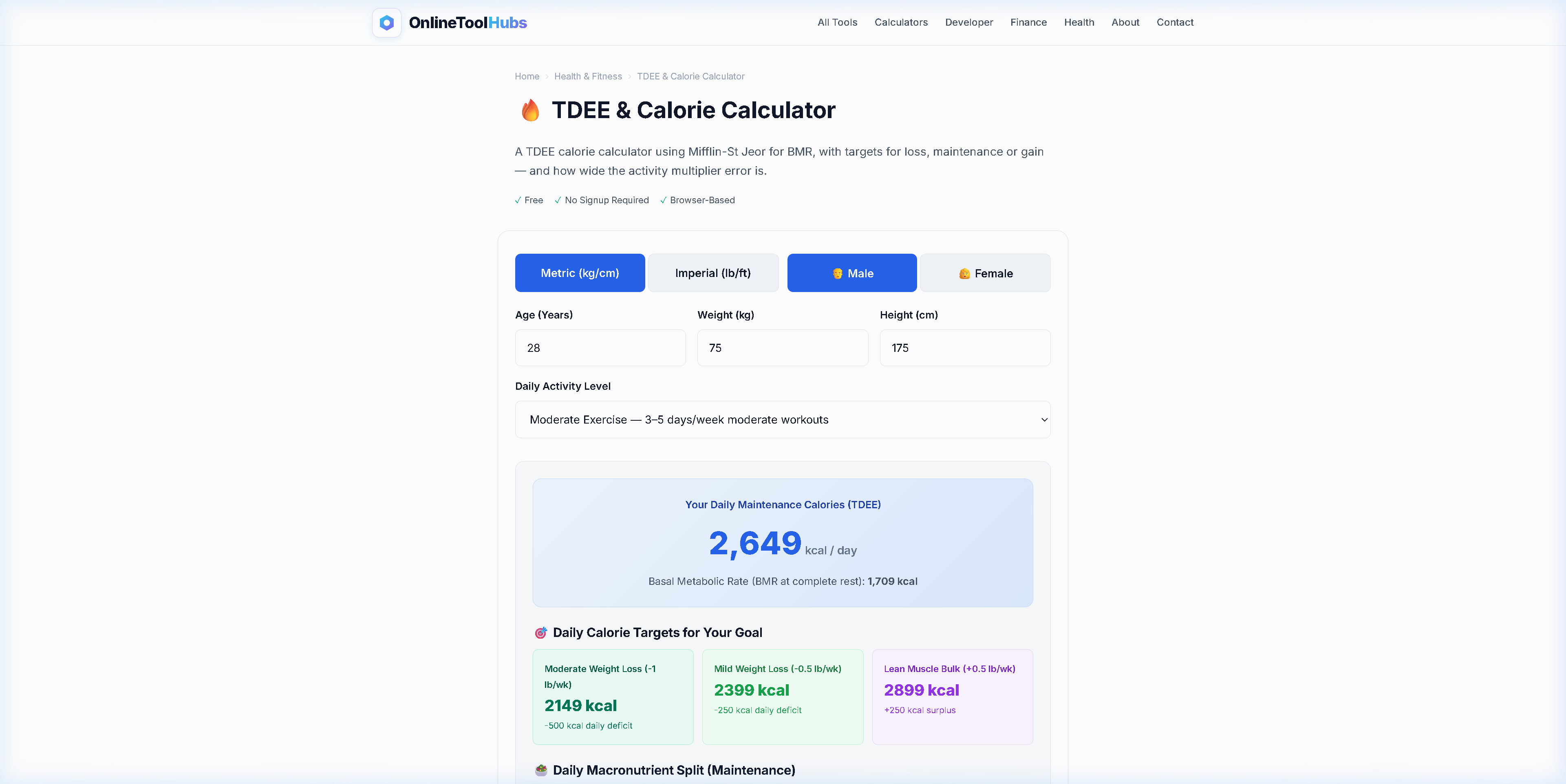 Screenshot of the TDEE and Calorie Calculator tool on OnlineToolHubs showing BMR, TDEE, and calorie targets for different goals