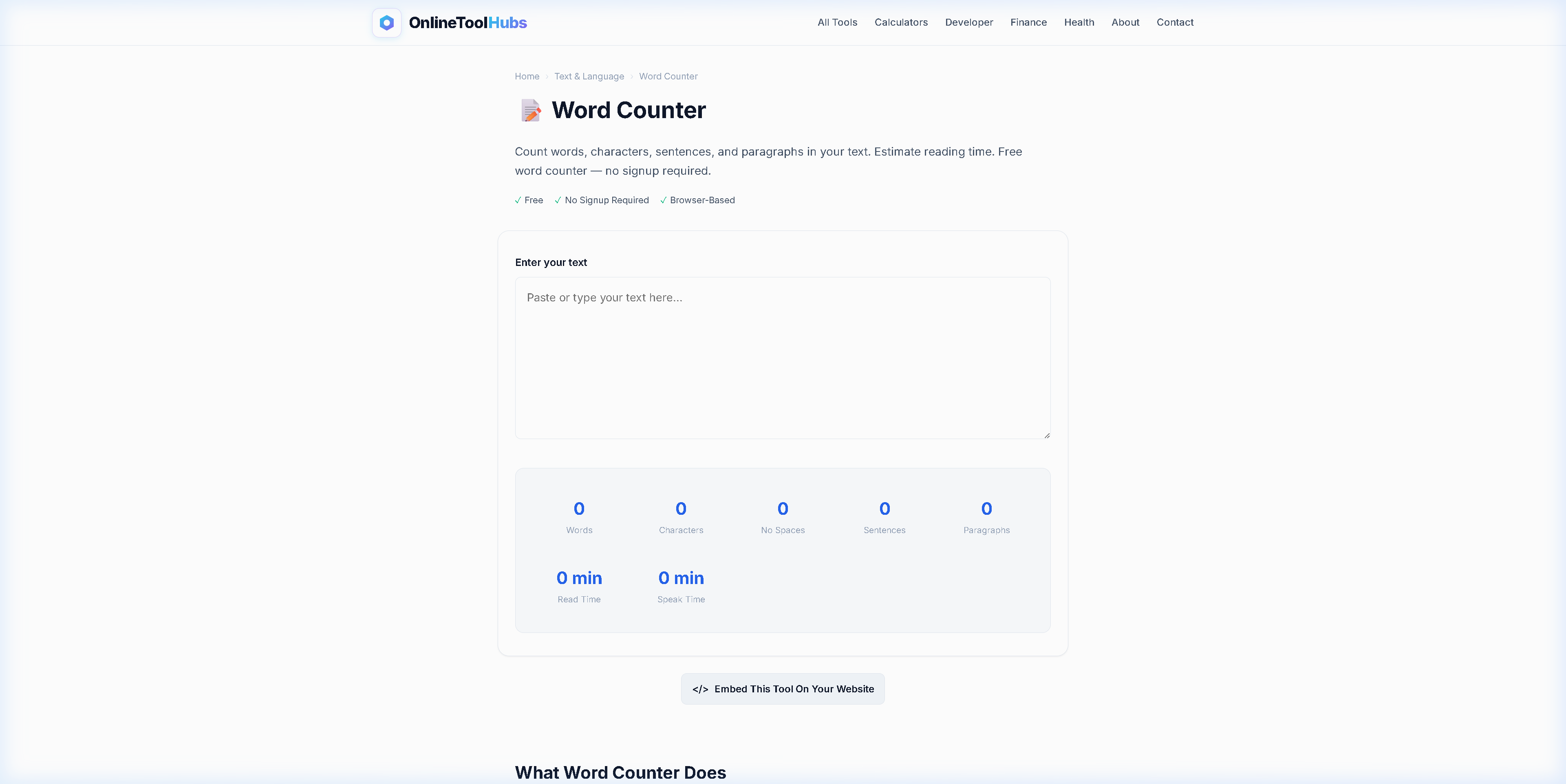Screenshot of the Word Counter tool on OnlineToolHubs showing word count, character count, and reading time statistics