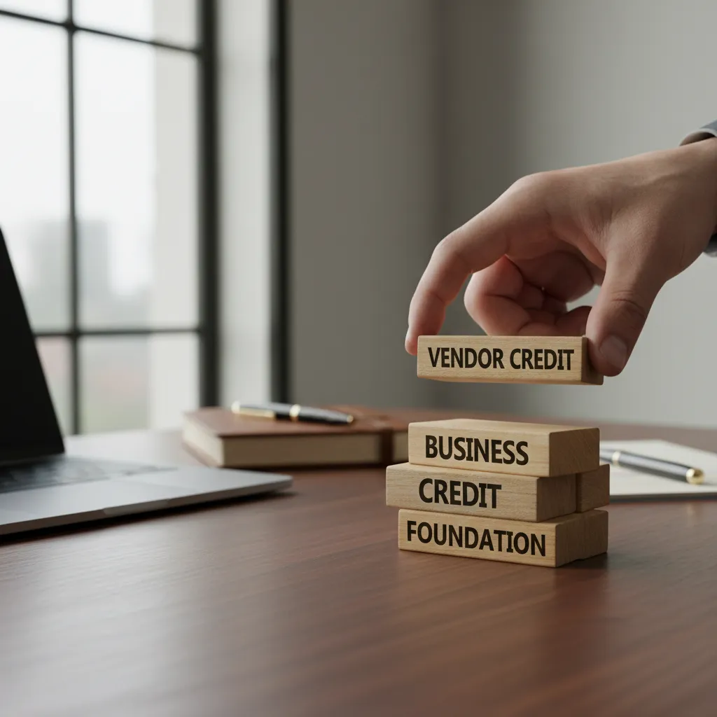 Hand stacking blocks labeled "Vendor Credit" to build a business credit foundation.