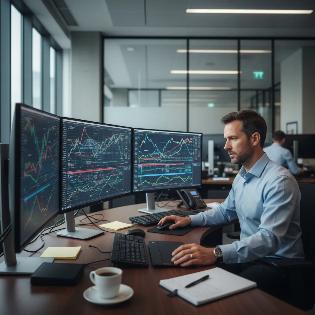 Trader analyzing complex volatility charts on multiple screens in a high-tech financial office